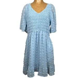 Light Blue Swiss Dot Smocked V-Neck Mini Dress XXL Pastel Boho Spring Easter